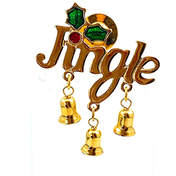 Avon Jingle Bells Tac Pin - Shiny Gold Tone with 2 Dangling Bell, Enamel Holly - Picture 7 of 7
